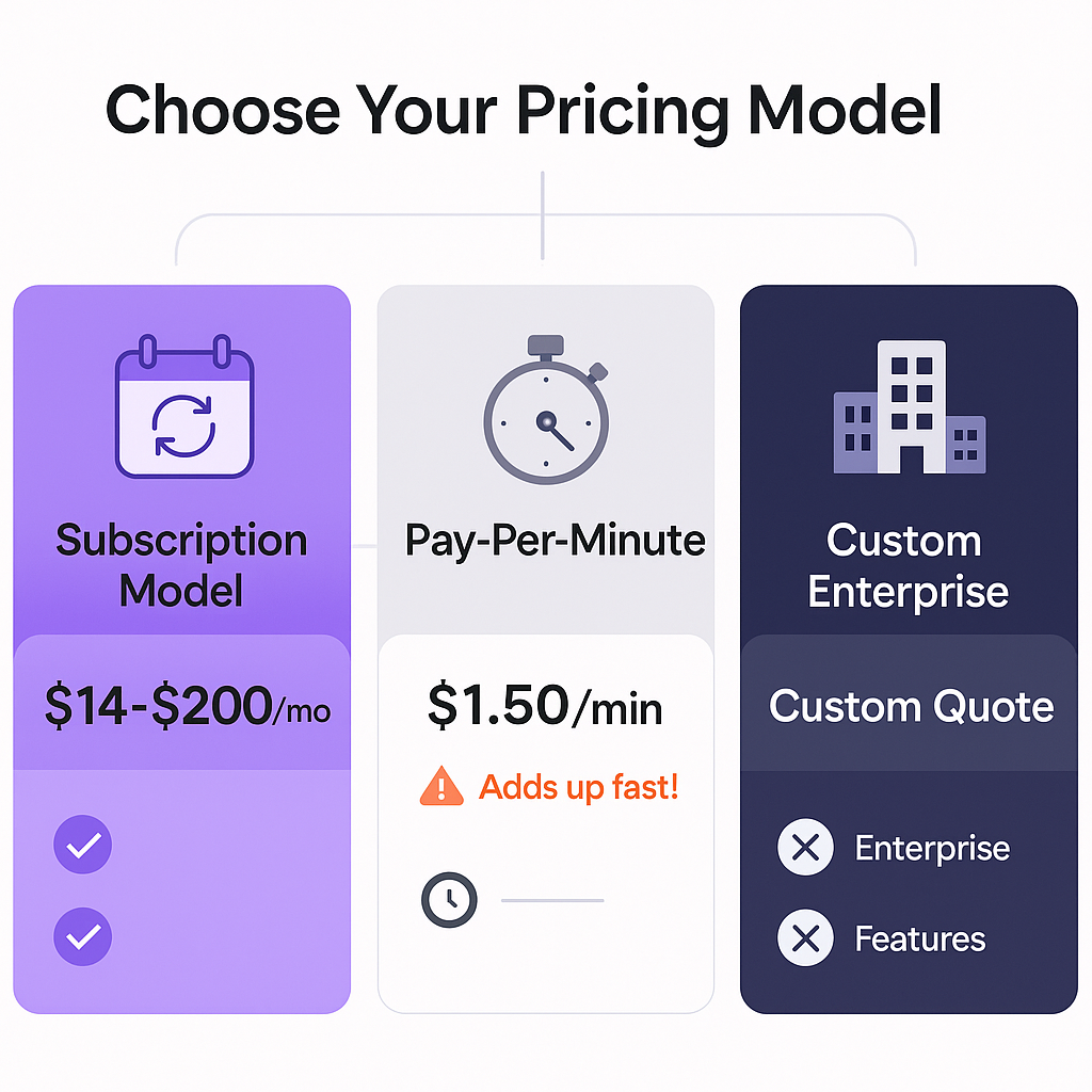 Three AI receptionist pricing model types comparison