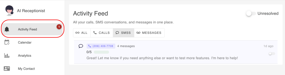 Unified activity feed showing calls, SMS, and messages in one place