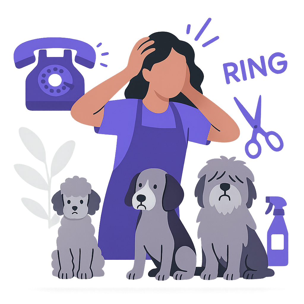 Pet groomer stressed with phone ringing
