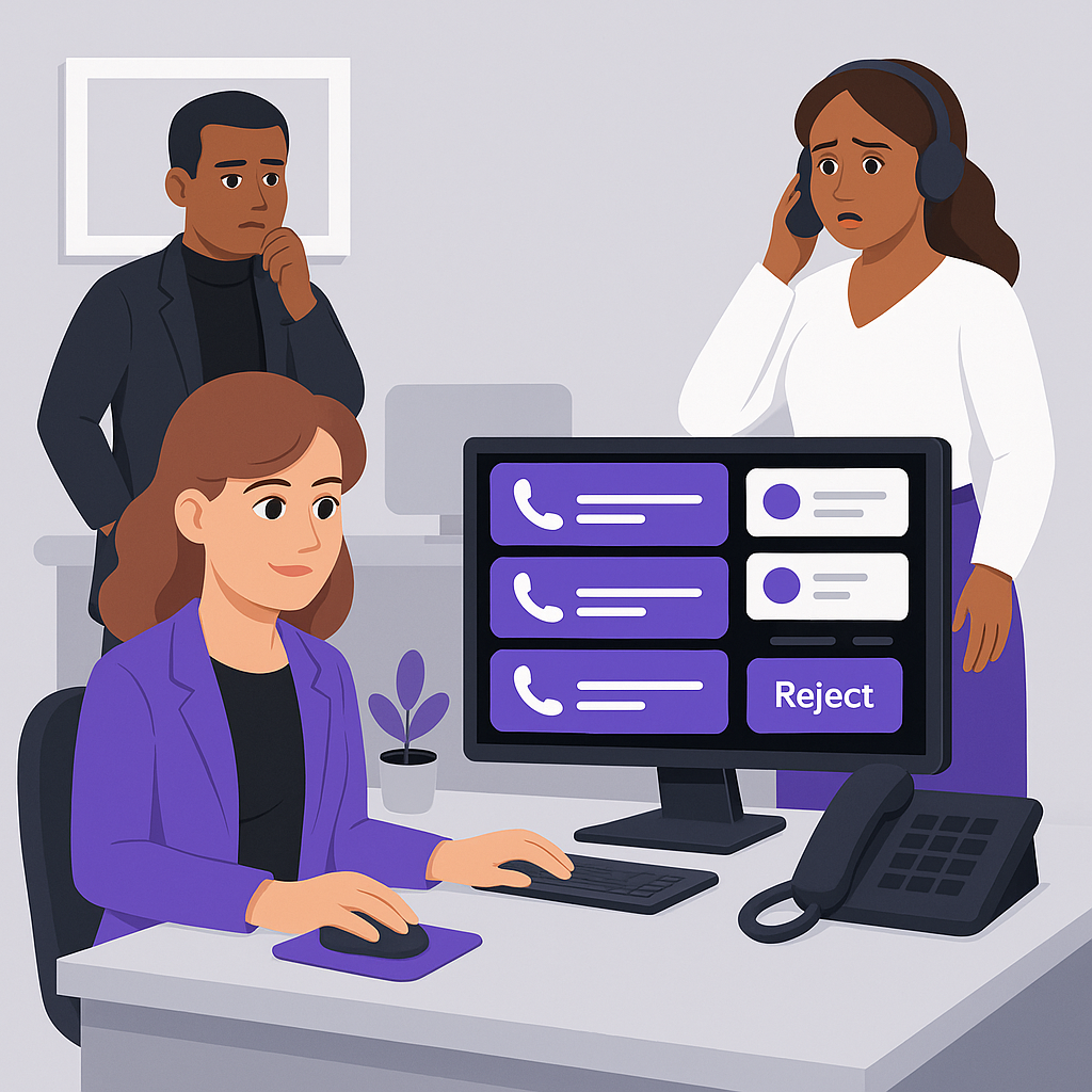 Business professional managing call transfer decisions